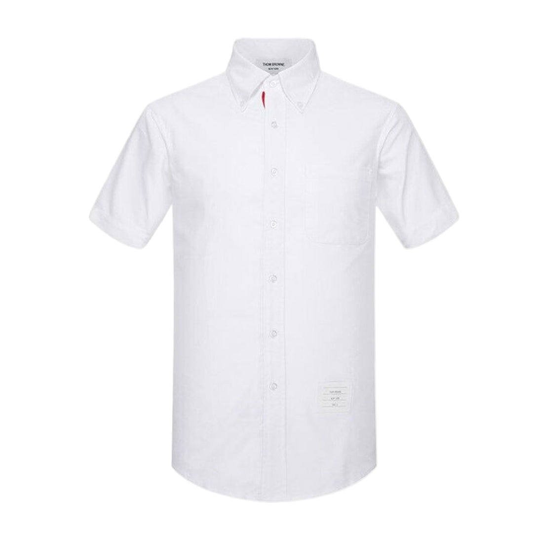 Thom BrowneMen's Short Sleeve Oxford Shirt - 100% Cotton Striped Grosgrain Detail