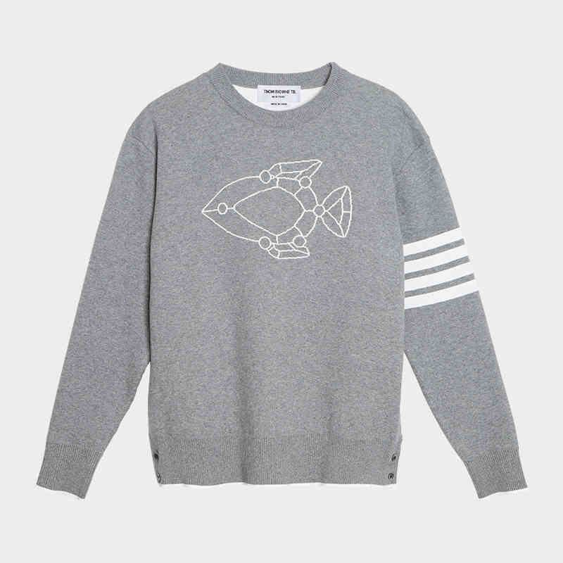 Thom BrowneMen's Classic Crew Neck Merino Wool Sweater with 4-Bar Detail