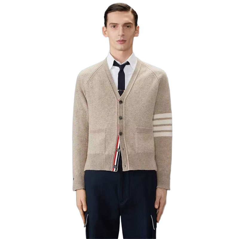 Thom Browne4-Bar Premium Cotton V-Neck Cardigan - Classic Khaki Knit
