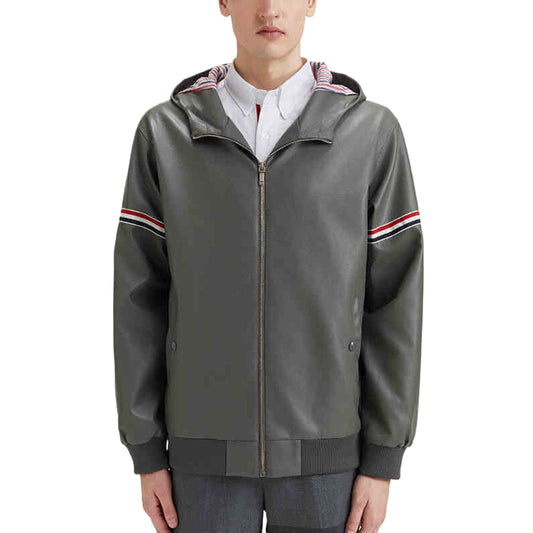 Thom Browne4-Bar Leather Jacket with Signature Grosgrain Detail