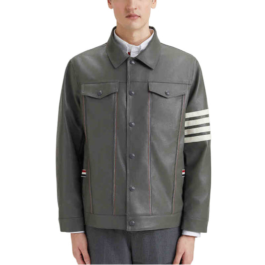 Thom Browne4-Bar Back Stripe Leather Jacket with Signature Grosgrain Detail