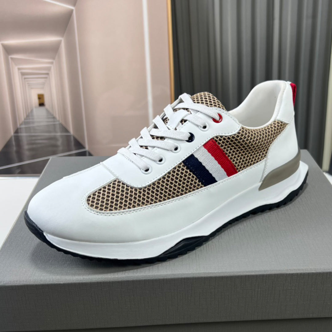 Thom BrowneMen's Premium Leather Sneakers - Handcrafted Cowhide Low-Top Casual Shoes with Grosgrain Detail