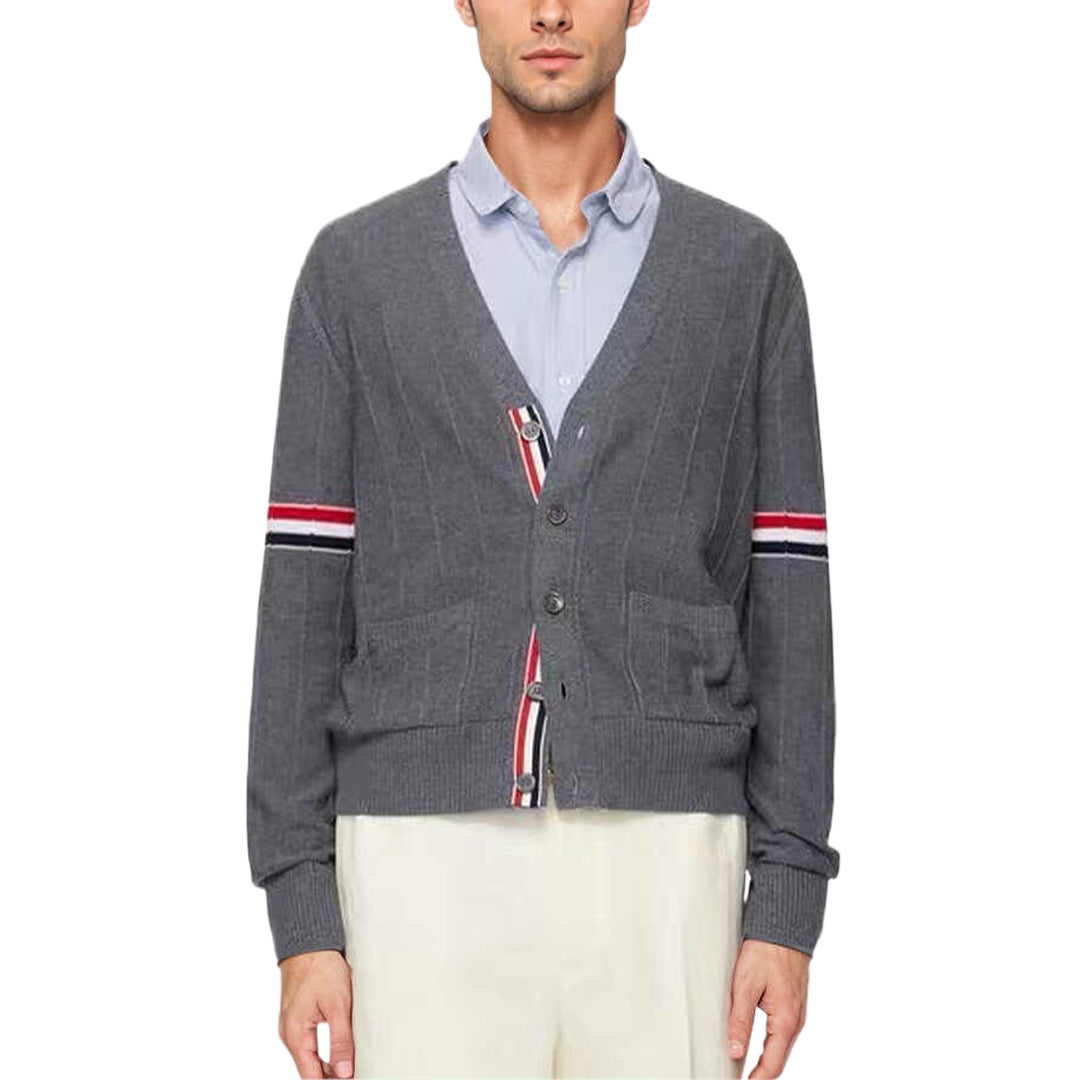 Thom BrowneMen's Classic V-Neck Knitted Cardigan with 4-Bar Sleeve Detail
