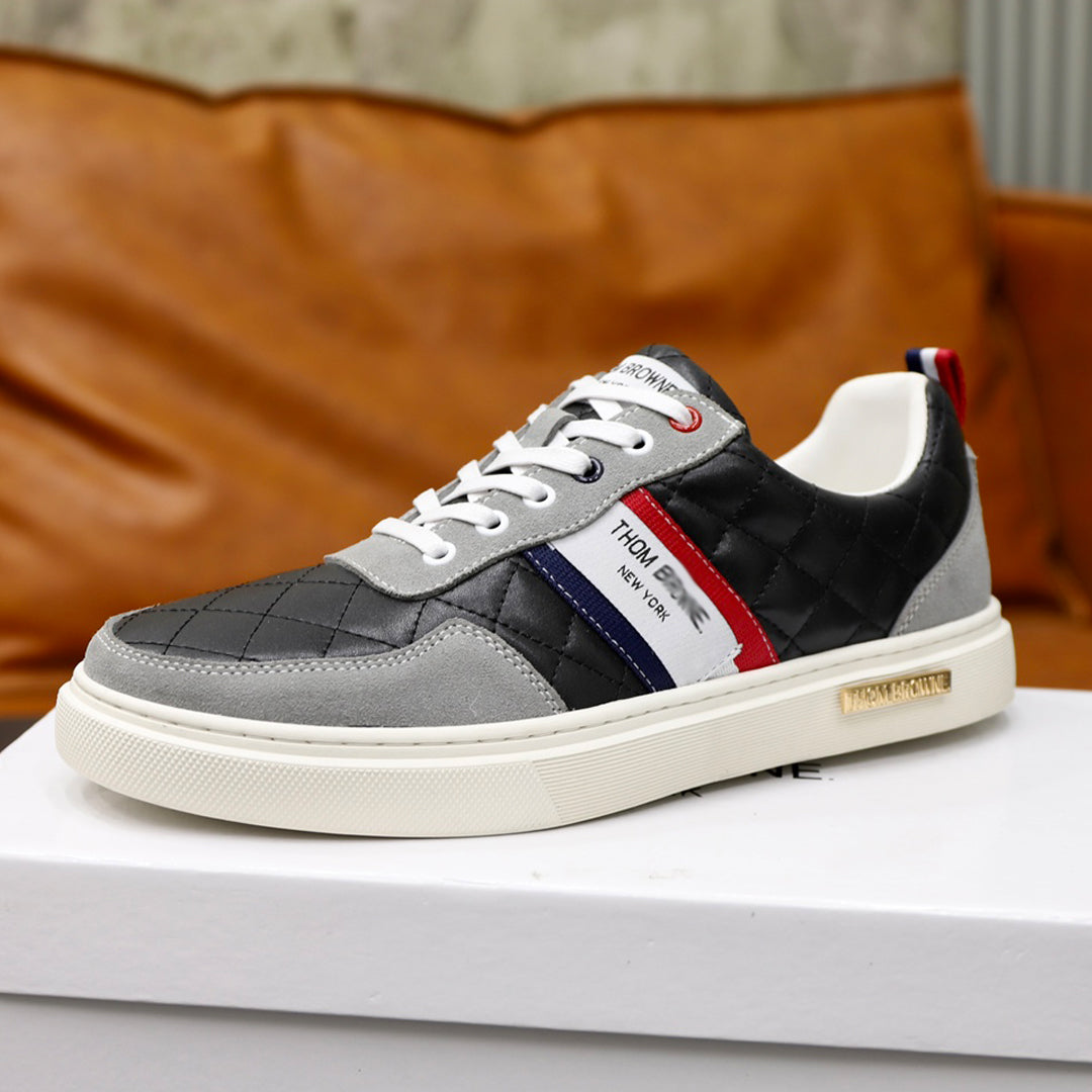 Thom BrowneMen's Premium Leather Sneakers - Handcrafted Cowhide Low-Top Casual Shoes with Grosgrain Detail