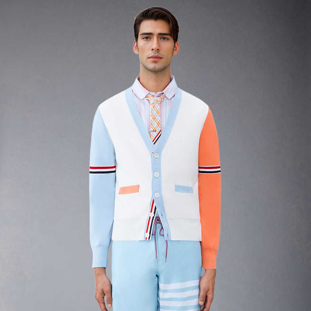 Thom BrowneMen's Classic V-Neck Knitted Cardigan with 4-Bar Sleeve Detail