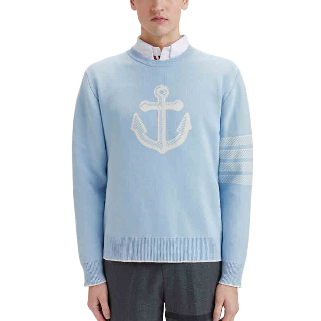 Thom BrowneMen's Classic Crew Neck Merino Wool Sweater with 4-Bar Detail