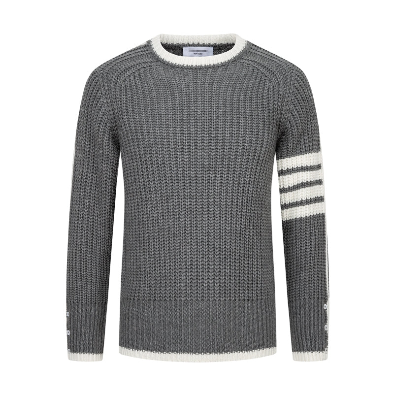 Thom BrowneMen's Classic Crew Neck Merino Wool Sweater with 4-Bar Detail