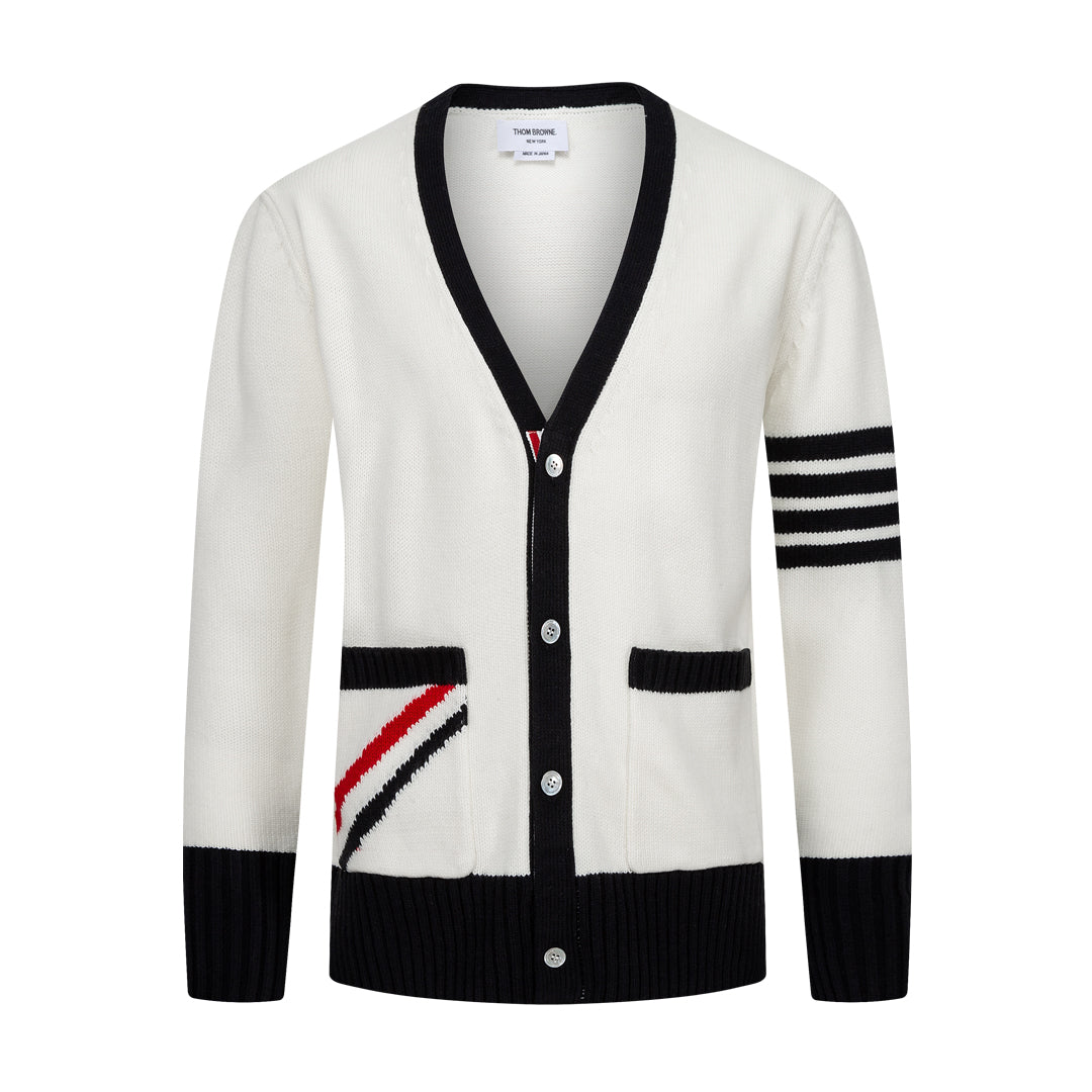 Thom BrowneMen's Classic V-Neck Knitted Cardigan with 4-Bar Sleeve Detail