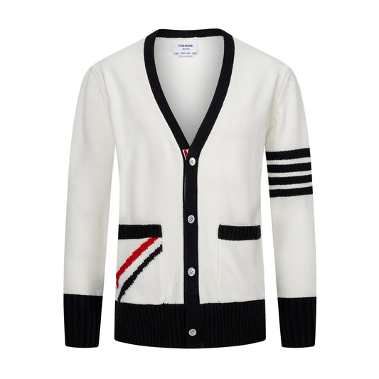 Thom BrowneMen's Classic V-Neck Knitted Cardigan with 4-Bar Sleeve Detail