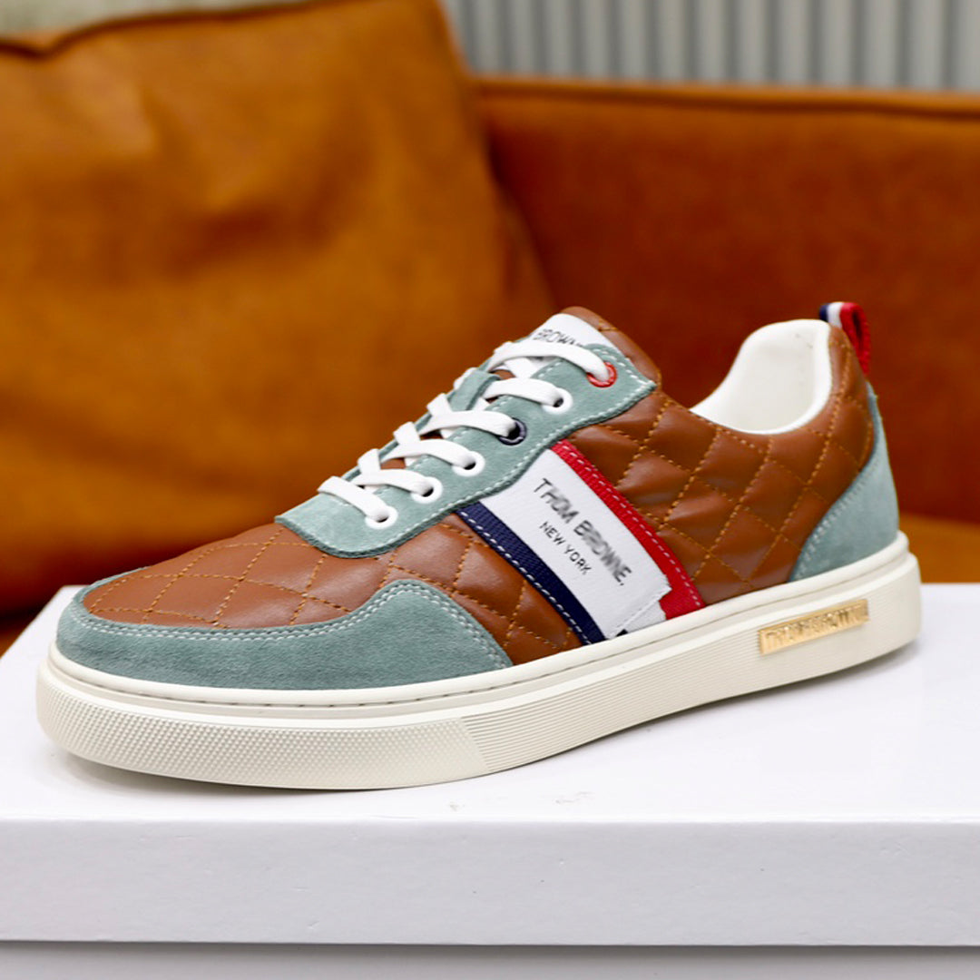 Thom BrowneMen's Premium Leather Sneakers - Handcrafted Cowhide Low-Top Casual Shoes with Grosgrain Detail