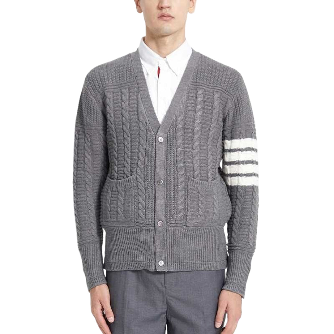 Thom BrowneMen's Classic V-Neck Knitted Cardigan with 4-Bar Sleeve Detail
