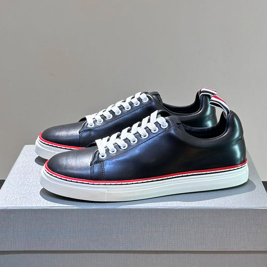 Thom BrowneMen's Premium High-Top Leather Sneakers - Handcrafted Cowhide Casual Shoes with Grosgrain Detail