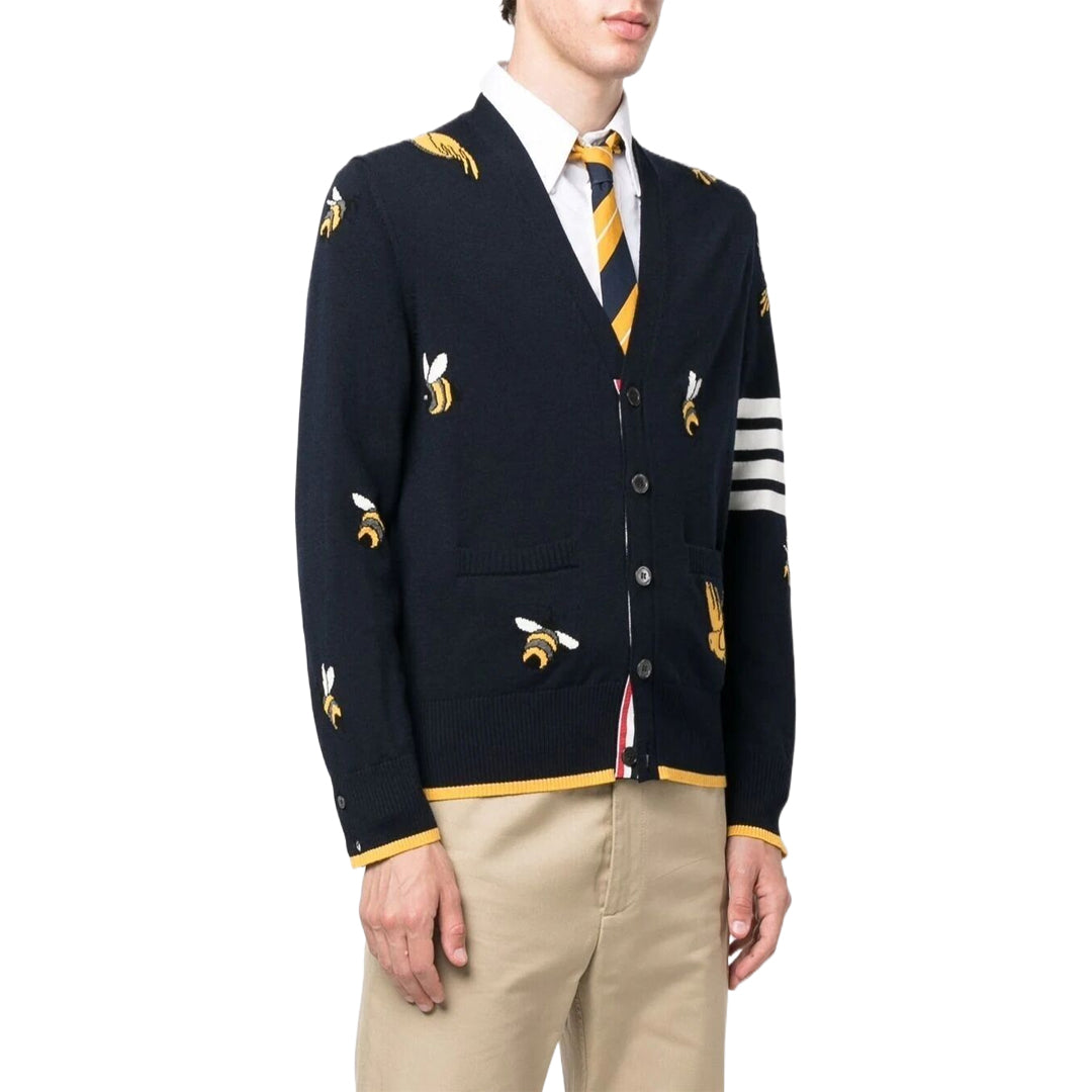Thom BrowneMen's Classic V-Neck Knitted Cardigan with 4-Bar Sleeve Detail
