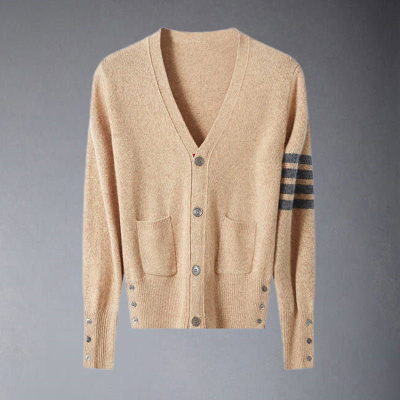 Thom BrowneMen's Classic V-Neck Knitted Cardigan with 4-Bar Sleeve Detail