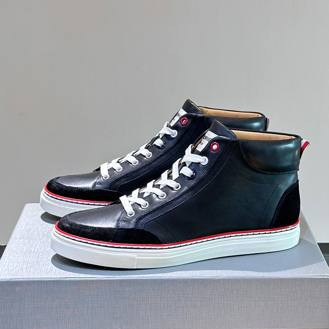 Thom BrowneMen's Premium High-Top Leather Sneakers - Handcrafted Cowhide Casual Shoes with Grosgrain Detail