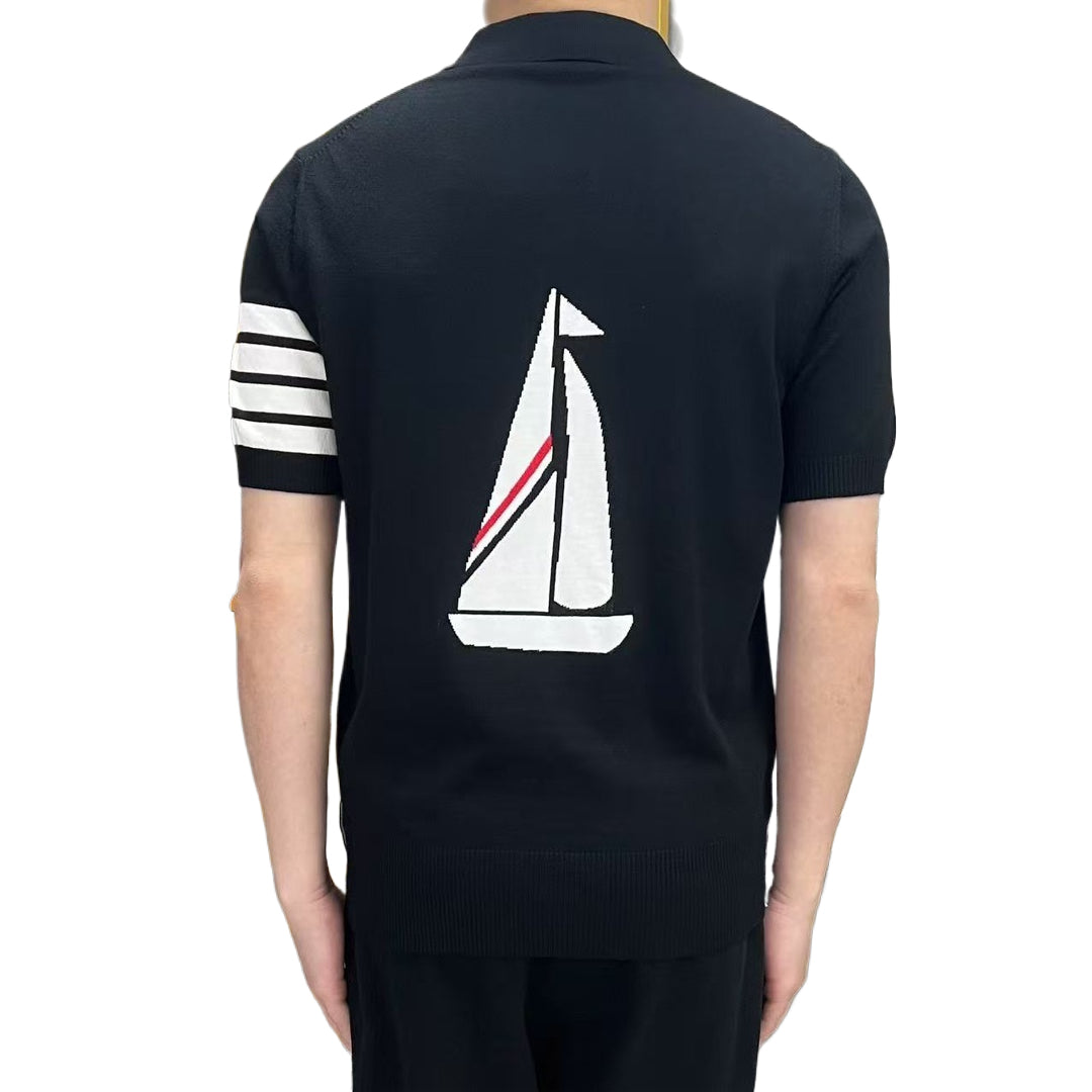 Thom BrowneMen's Nautical Knit Polo Shirt | 4-Bar Detail | Heritage Grosgrain