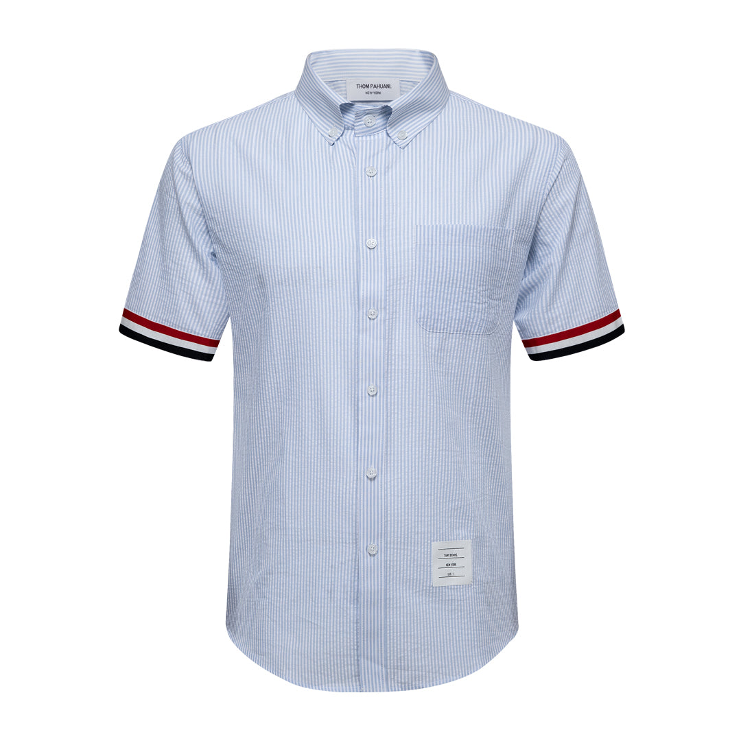 Men's Short Sleeve Oxford Shirt - 100% Cotton Striped Grosgrain Detail