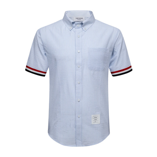 Men's Short Sleeve Oxford Shirt - 100% Cotton Striped Grosgrain Detail