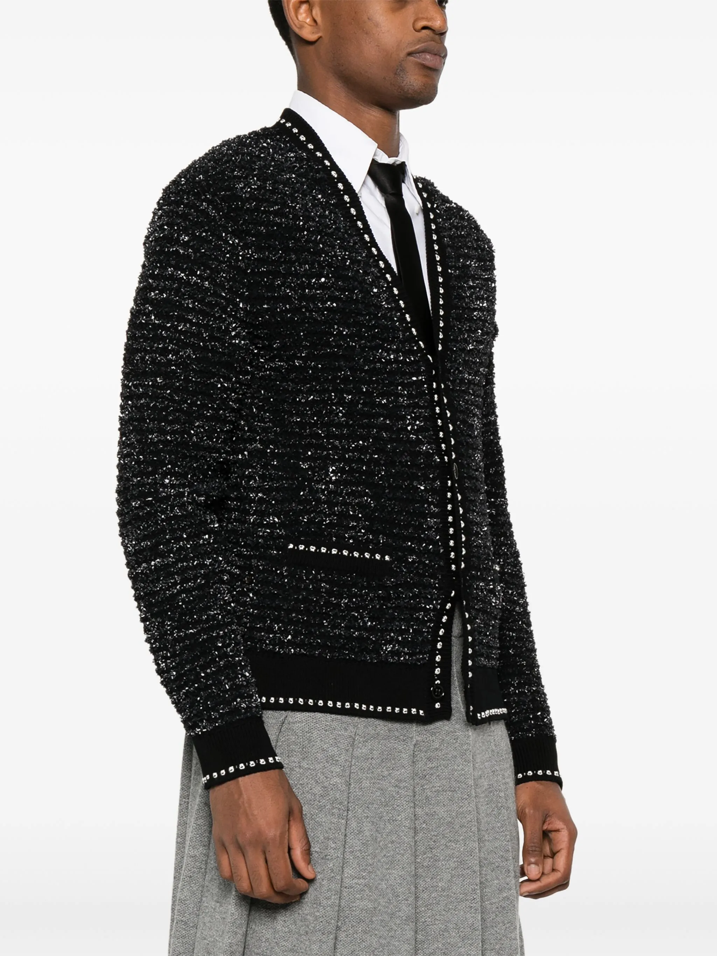 Thom BrowneMen's Classic V-Neck Cotton Knitted Cardigan with 4-Bar Sleeve Detail