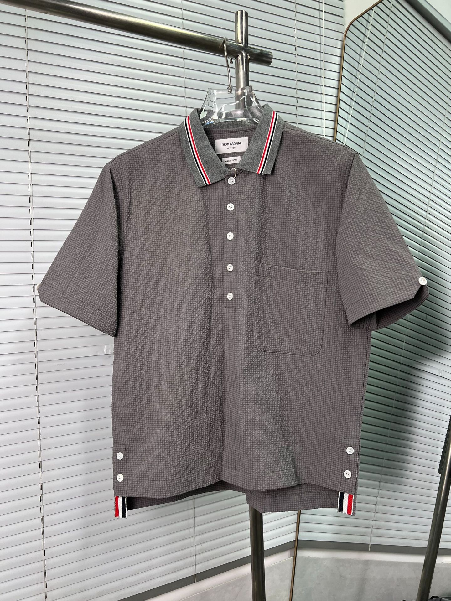 Thom BrowneMen's Seersucker Polo Shirt | 4-Bar Detail | Textured Elegance