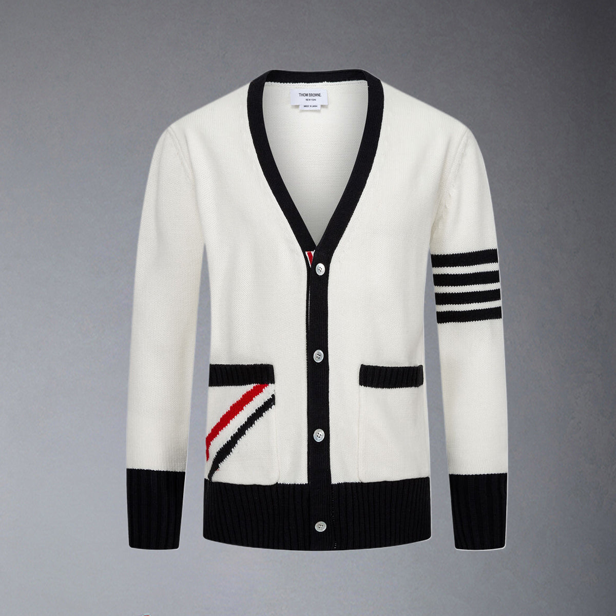 Thom BrowneMen's Classic V-Neck Knitted Cardigan with 4-Bar Sleeve Detail