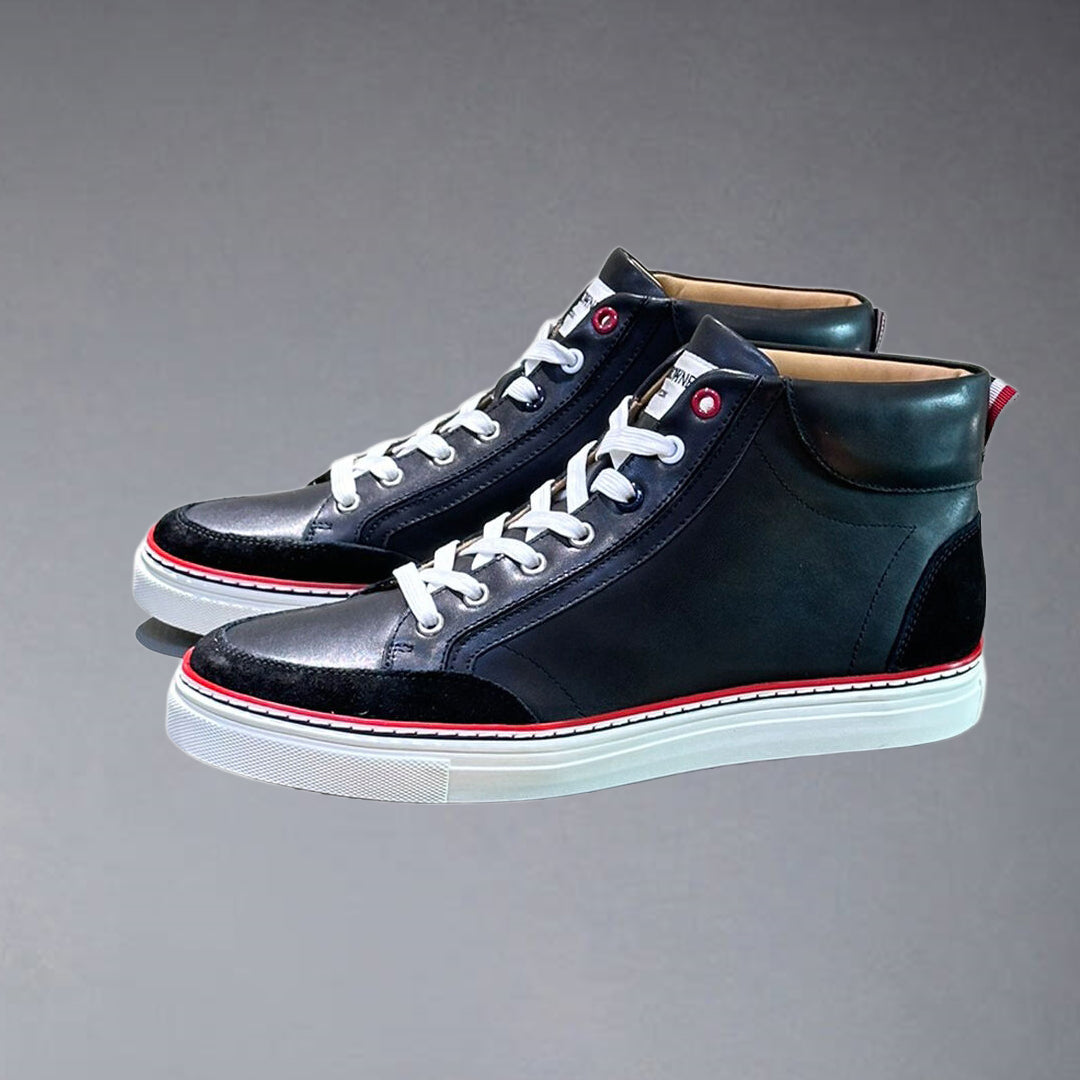 Thom BrowneMen's Premium High-Top Leather Sneakers - Handcrafted Cowhide Casual Shoes with Grosgrain Detail