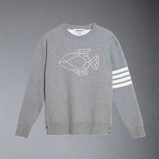 Thom BrowneMen's Classic Crew Neck Merino Wool Sweater with 4-Bar Detail