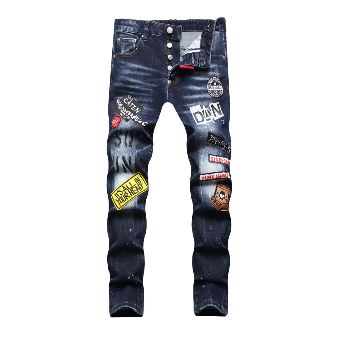 DSQ2 Men's Slim Fit Dark Wash Print Jeans