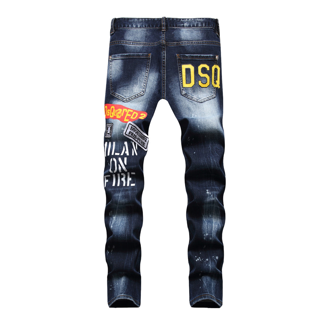 DSQ2 Men's Slim Fit Dark Wash Print Jeans