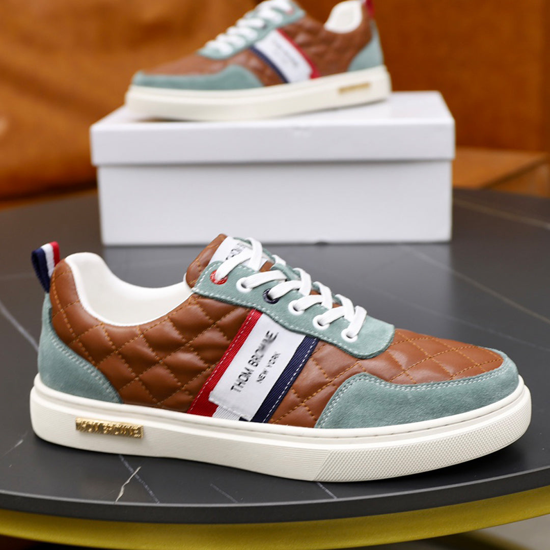 Thom BrowneMen's Premium Leather Sneakers - Handcrafted Cowhide Low-Top Casual Shoes with Grosgrain Detail