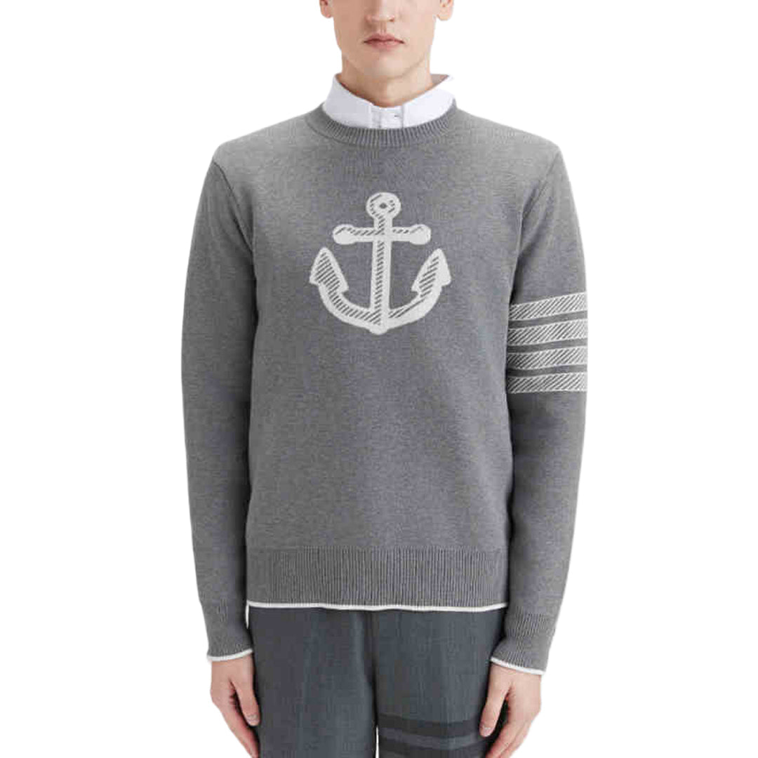Thom BrowneMen's Classic Crew Neck Merino Wool Sweater with 4-Bar Detail