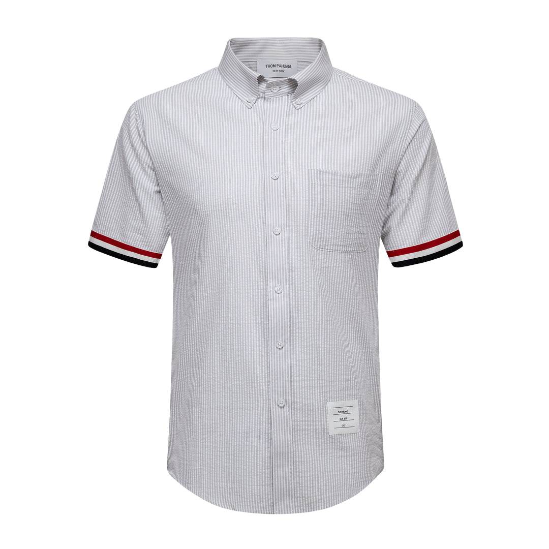 Men's Short Sleeve Oxford Shirt - 100% Cotton Striped Grosgrain Detail