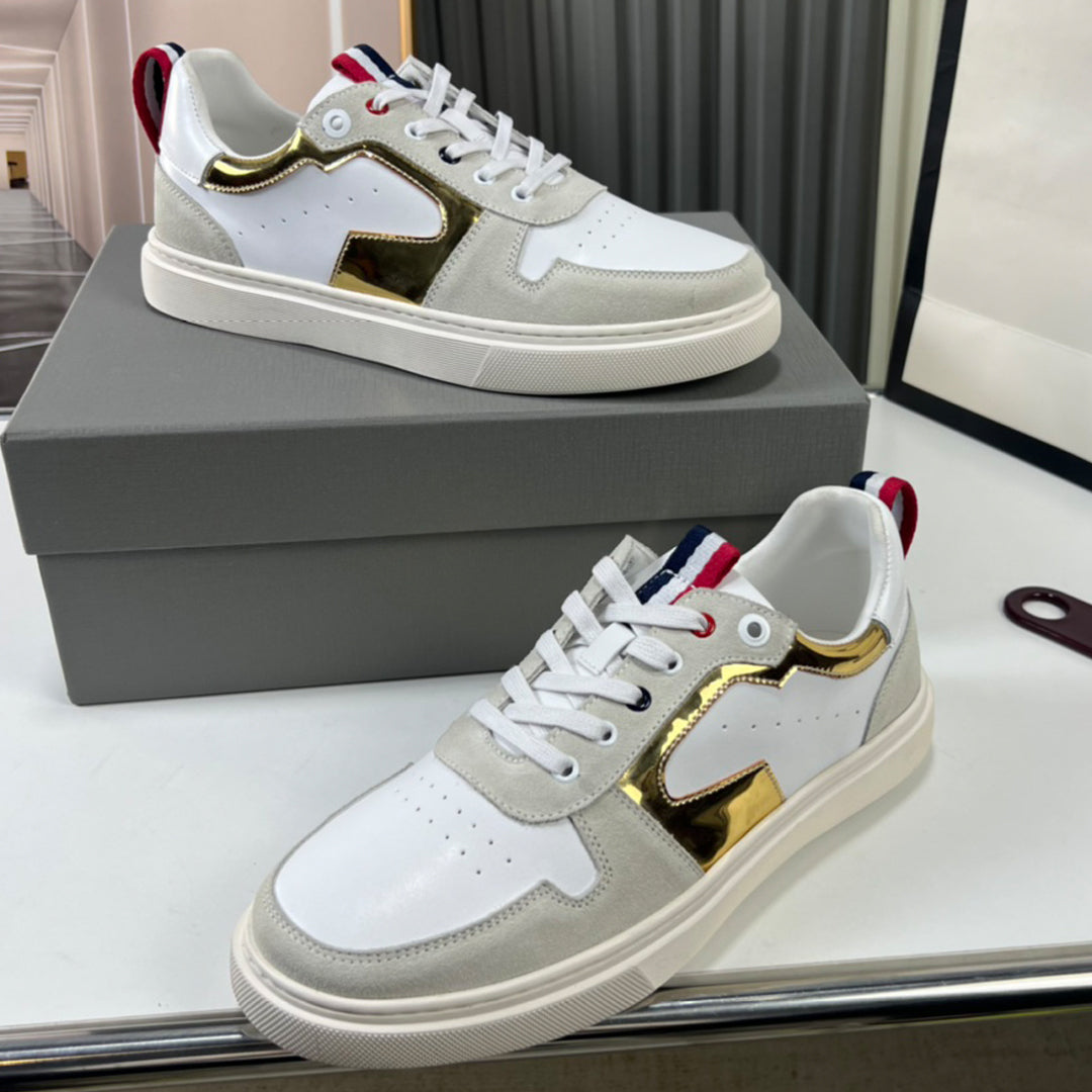 Thom BrowneMen's Premium Leather Sneakers - Handcrafted Cowhide Low-Top Casual Shoes with Grosgrain Detail
