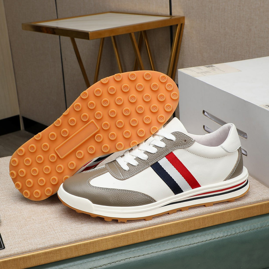 Thom BrowneMen's Premium Leather Sneakers - Handcrafted Cowhide Low-Top Casual Shoes with Grosgrain Detail