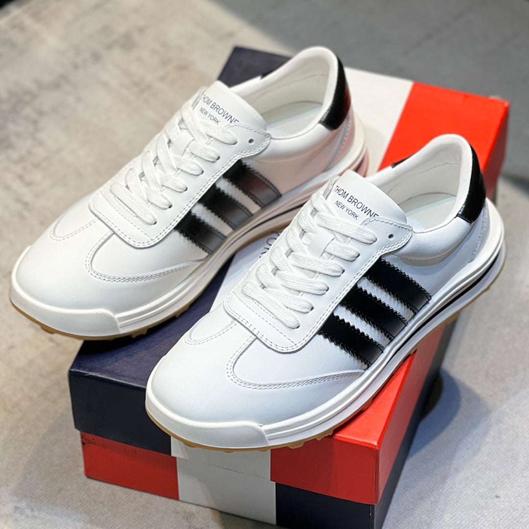 Thom BrowneMen's Premium Leather Sneakers - Handcrafted Cowhide Low-Top Casual Shoes with Grosgrain Detail
