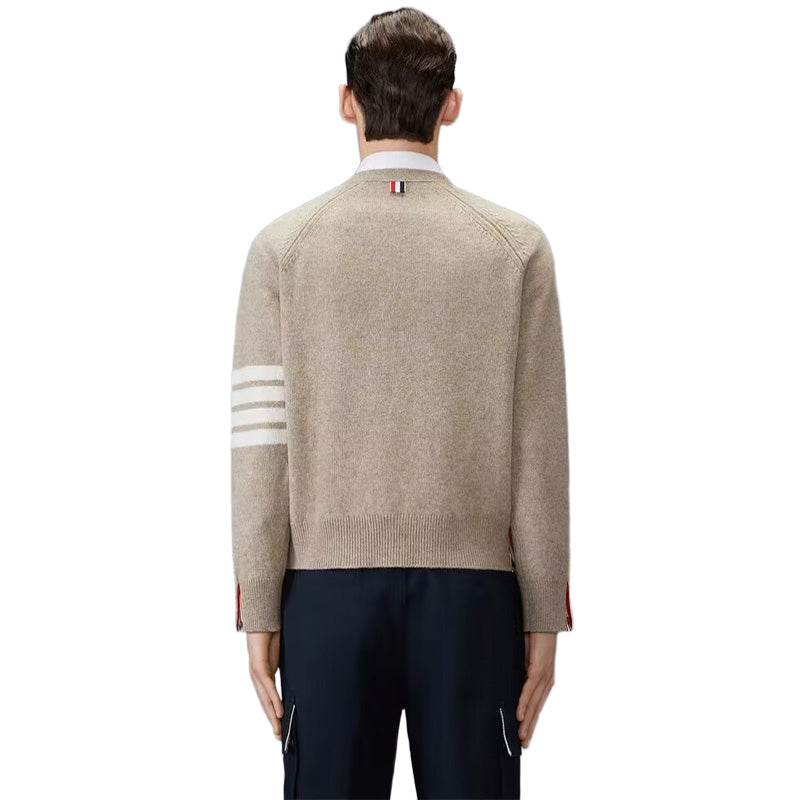 Thom Browne4-Bar Premium Cotton V-Neck Cardigan - Classic Khaki Knit