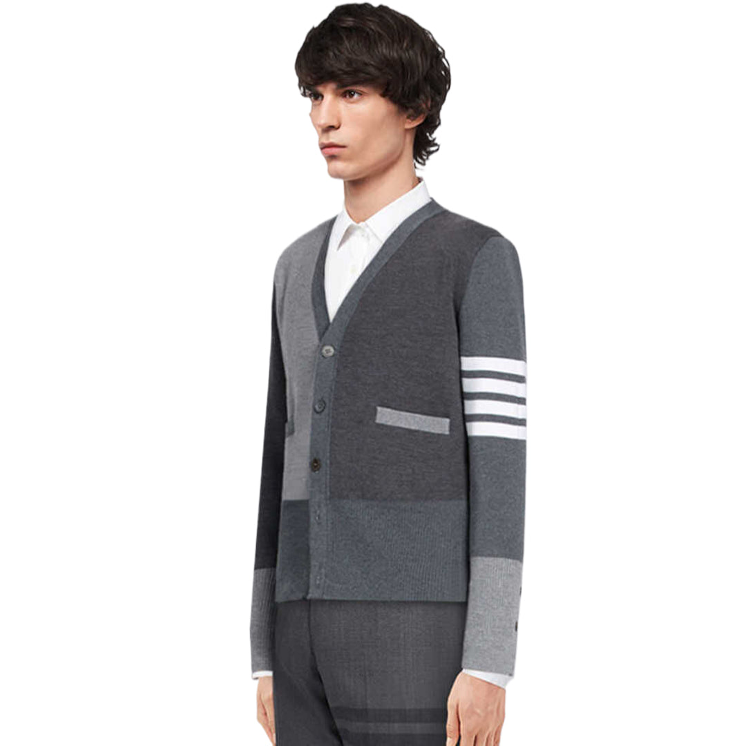 Thom BrowneMen's Classic V-Neck Knitted Cardigan with 4-Bar Sleeve Detail