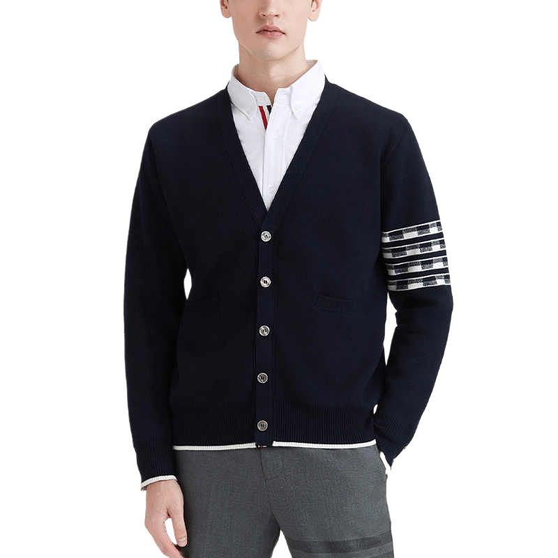 Thom BrowneMen's Classic V-Neck Knitted Cardigan with 4-Bar Sleeve Detail