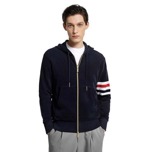 Thom BrownePremium 100% Cotton Zip-Up Hoodie - Classic Full-Zip Hooded Sweatshirt