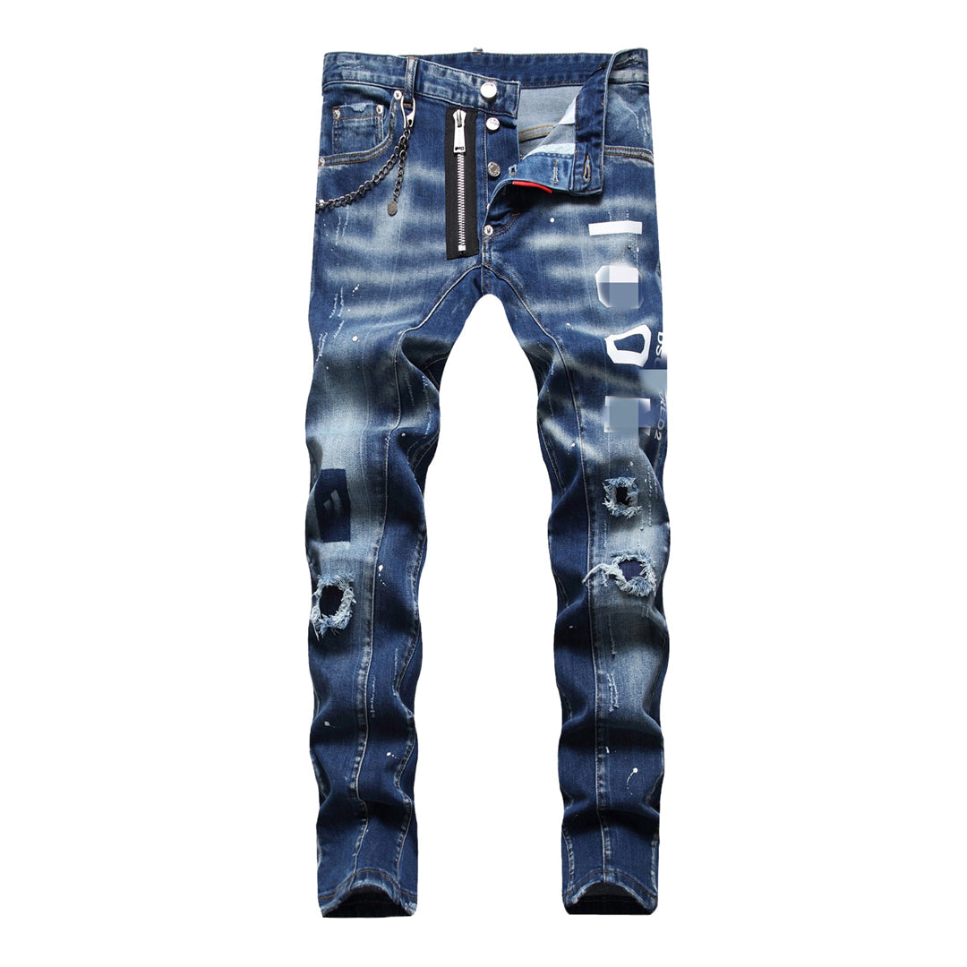 DSQ2 Men's Slim Fit Ripped Stretch Jeans – Dark Wash with Signature Logo Label