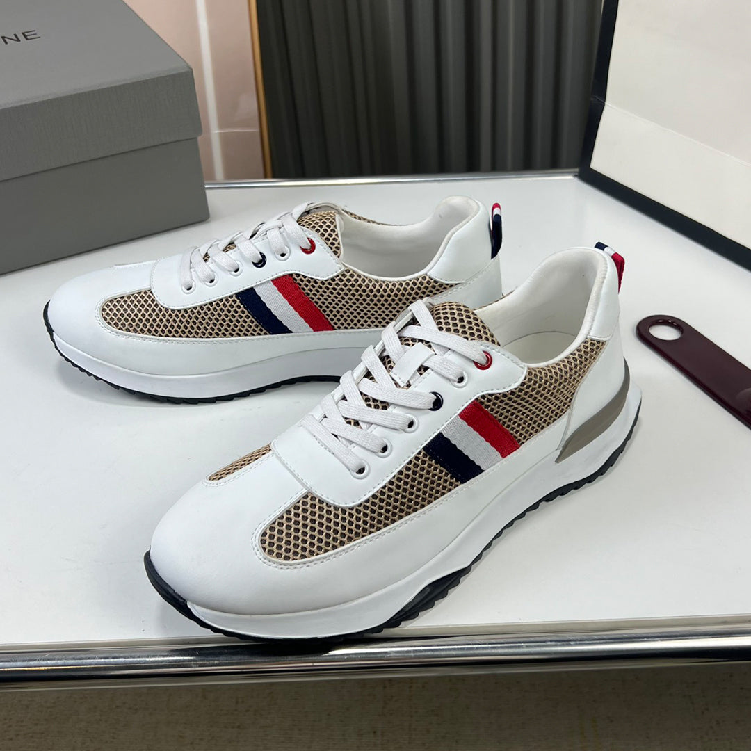 Thom BrowneMen's Premium Leather Sneakers - Handcrafted Cowhide Low-Top Casual Shoes with Grosgrain Detail