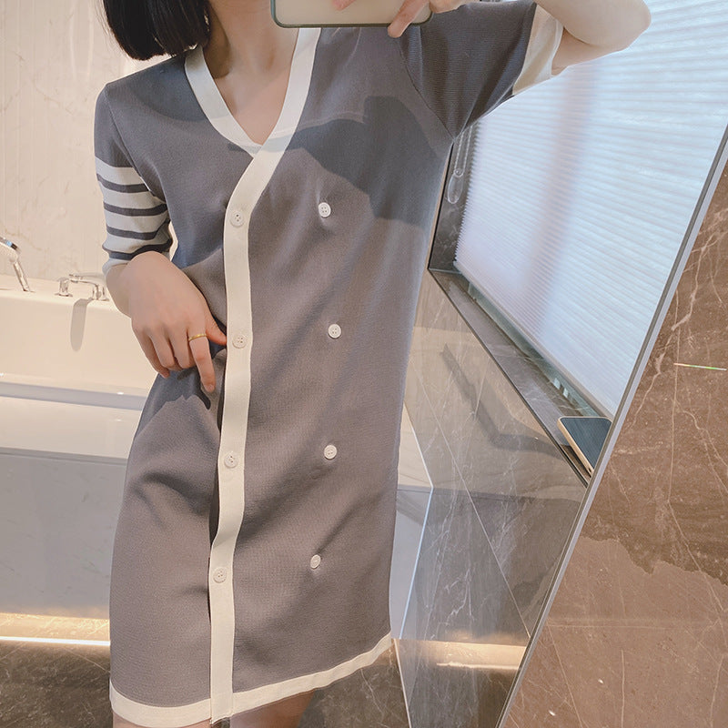 Women's Four-Bar Striped Cotton T-Shirt Dress with Button Front
