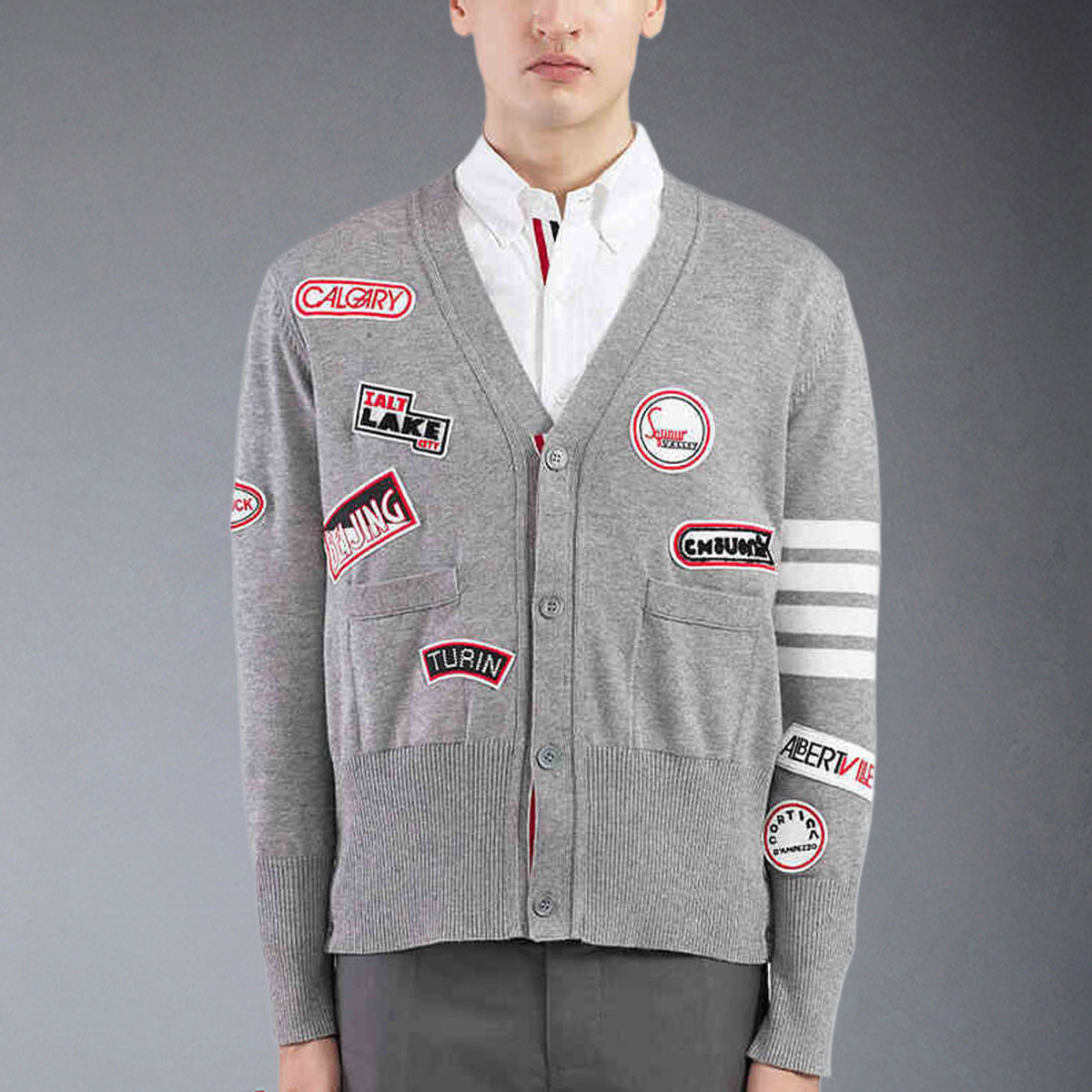 Thom BrowneMen's Classic V-Neck Knitted Cardigan with 4-Bar Sleeve Detail