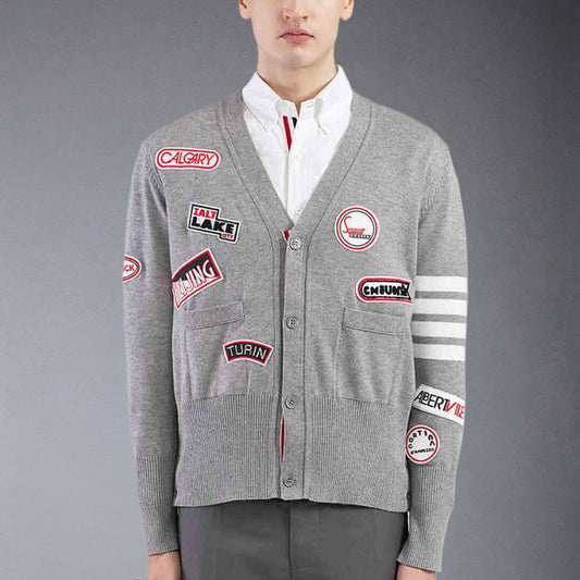 Thom BrowneMen's Classic V-Neck Knitted Cardigan with 4-Bar Sleeve Detail