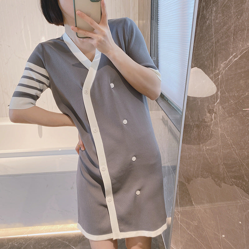 Women's Four-Bar Striped Cotton T-Shirt Dress with Button Front