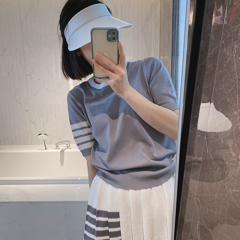 Thom BrowneWomen's Knitted Cotton T-Shirt - Partial Button Front | Made in Japan