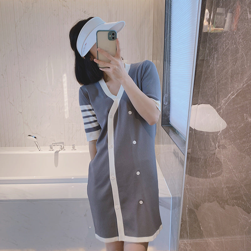 Women's Four-Bar Striped Cotton T-Shirt Dress with Button Front