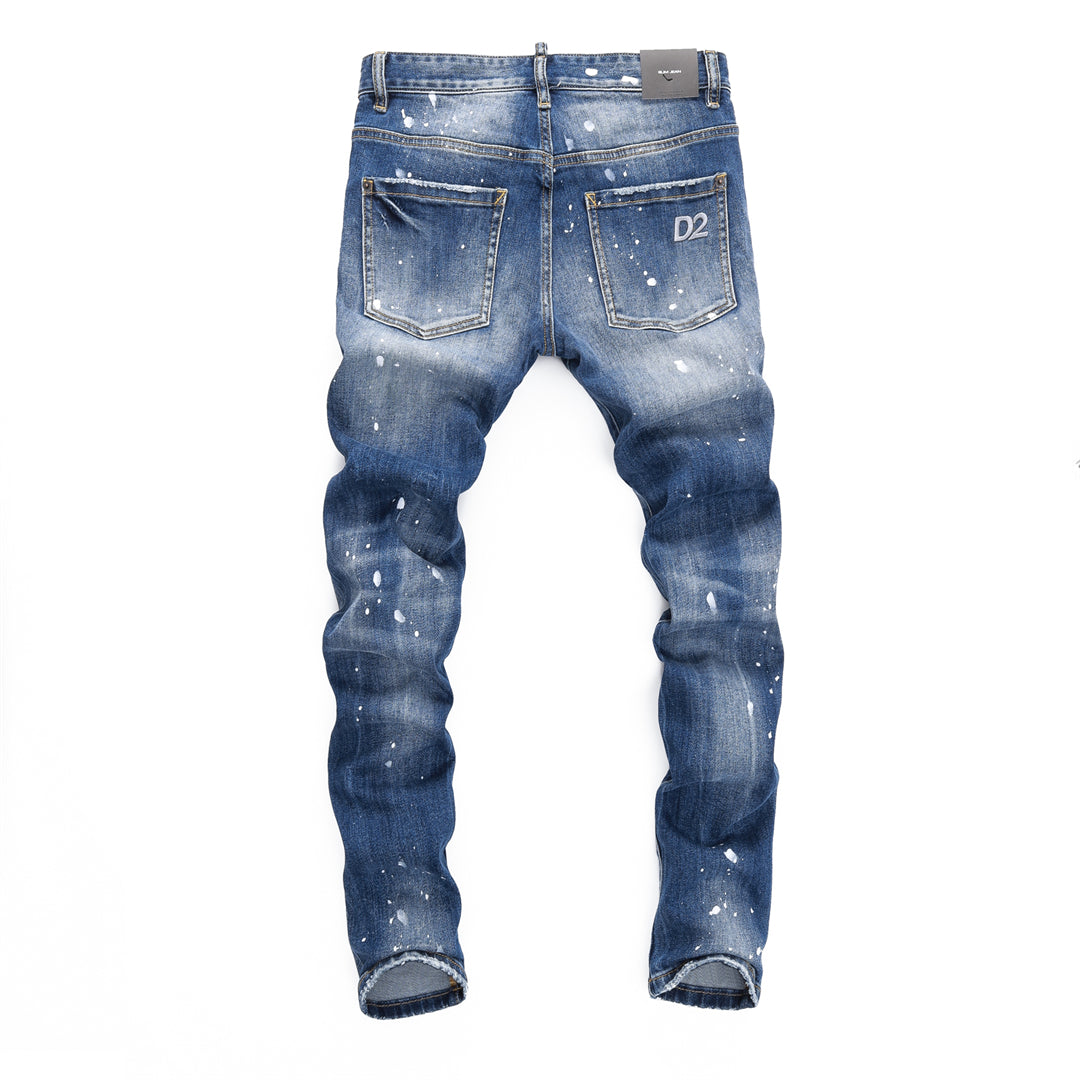 DSQ2 Men's Slim Fit Paint Splash Jeans – Dark Wash Stretch Denim