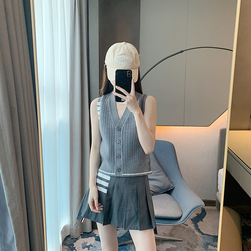 Thom BrowneWomen's Knitted Vest - Premium Cotton Button-Front Sweater Vest