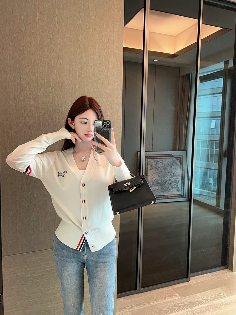 Thom BrowneJapanese Cotton Knitted Cardigan - Partial Button Front